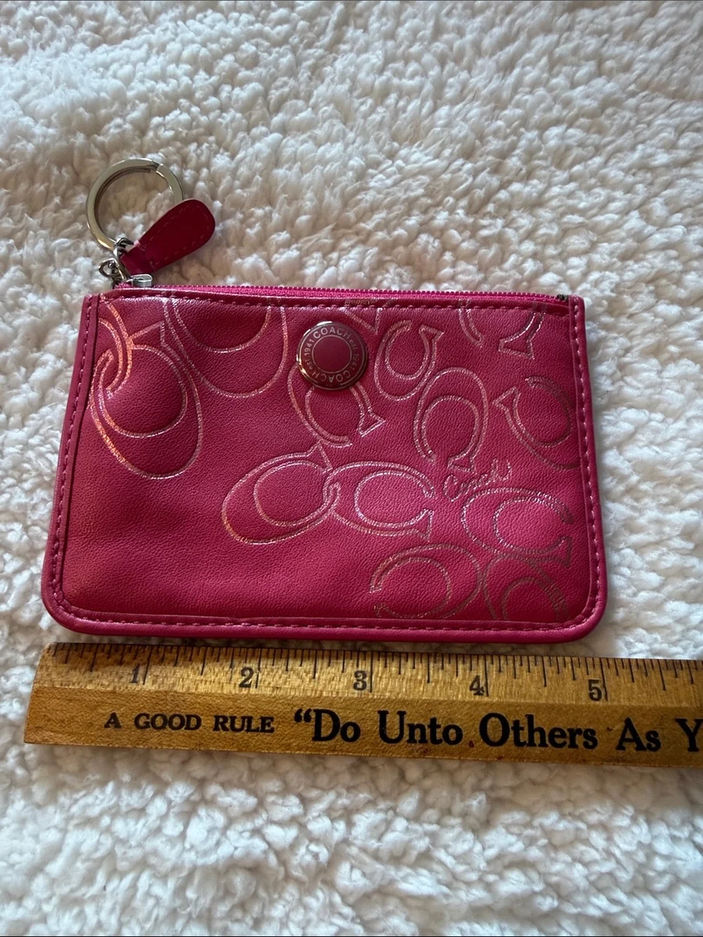 Coach Hot Pink Signature Zip Card Case with Key Ring